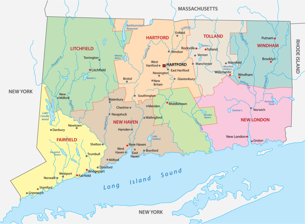 A color-coded map showing the counties of Connecticut with adjacent state borders and Long Island Sound.