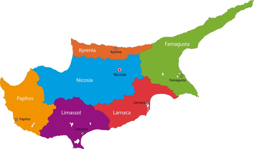 A color-coded map showing the different regions of Cyprus with major cities marked.