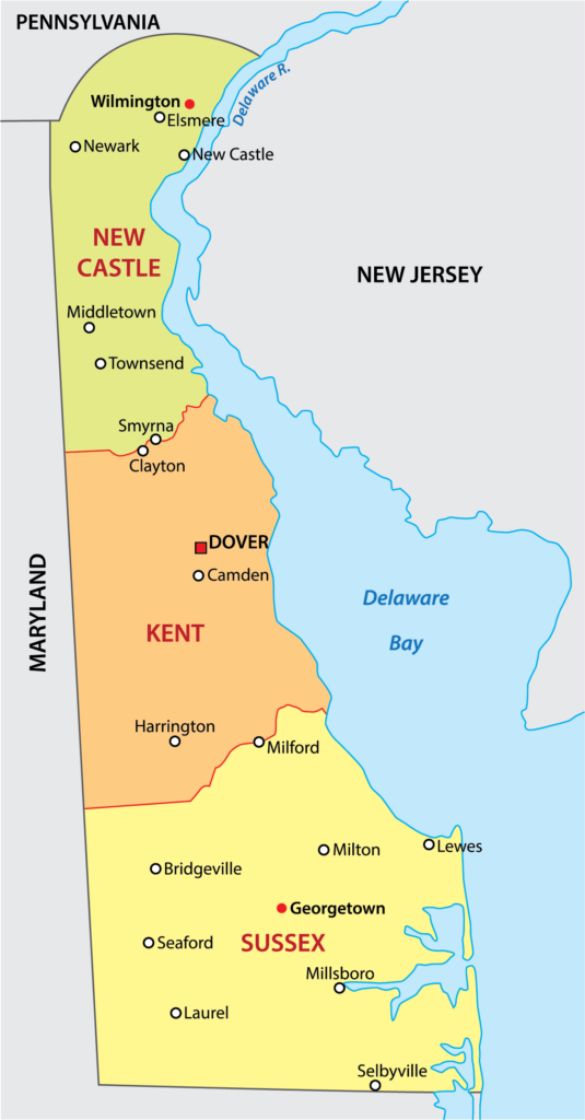 A map displays Delaware's three counties, major cities, and borders with Pennsylvania, New Jersey, Maryland, and the Delaware Bay.