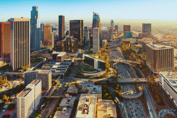 Aerial view of a Downtown Los Angeles at sunset.