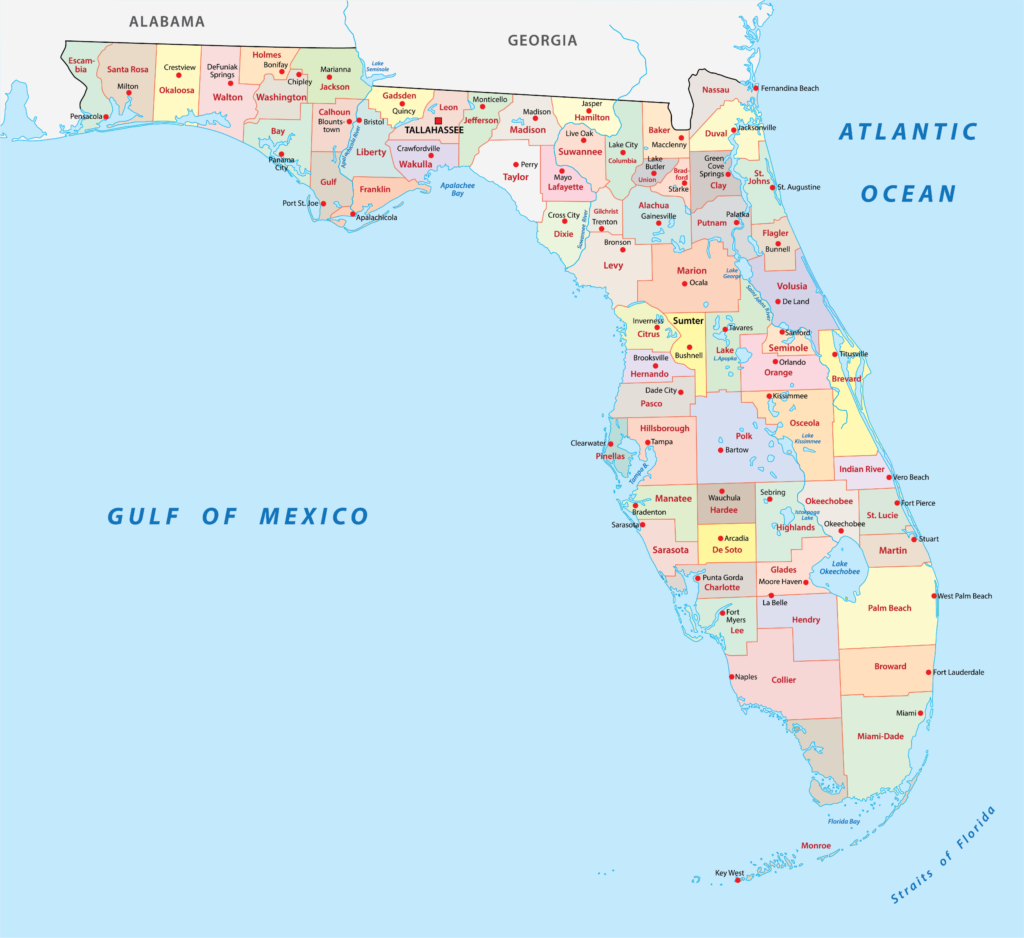 Colorful Florida counties map showing counties, main cities, neighboring states, the Atlantic Ocean, and the Gulf of Mexico.