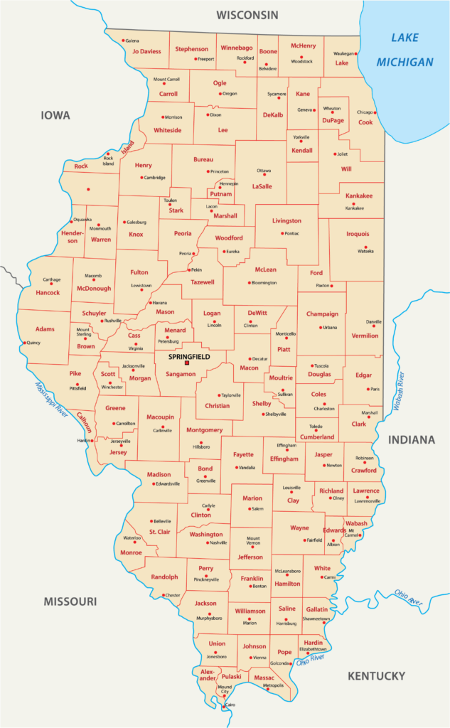 A map showing the counties of Illinois with surrounding state names and Lake Michigan labeled.