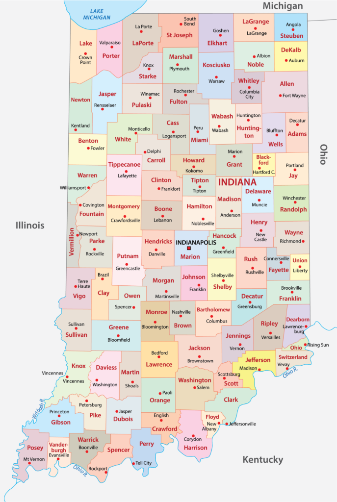 A color-coded map showing the counties of Indiana with labels for each county, adjacent to the states of Illinois, Michigan, Ohio, and Kentucky.