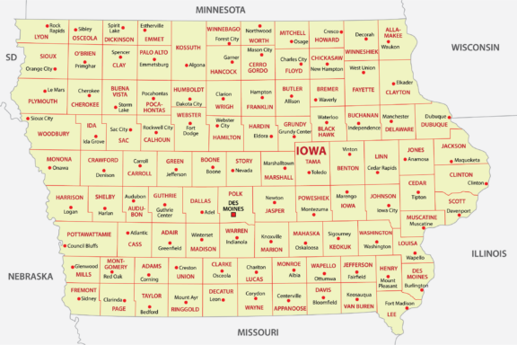 A map displays Iowa's counties, names, and borders, with neighboring states Minnesota, Wisconsin, Illinois, Missouri, Nebraska, and South Dakota.