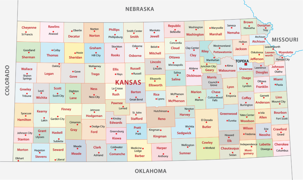 A low-res map of Kansas' counties, each colored and named, bordered by Nebraska, Missouri, Oklahoma, and Colorado.