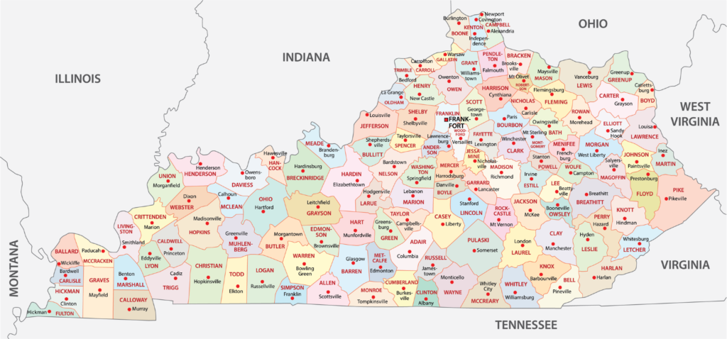 A color-coded map displays Kentucky's counties and its bordering states: Illinois, Indiana, Ohio, West Virginia, Virginia, and Tennessee.