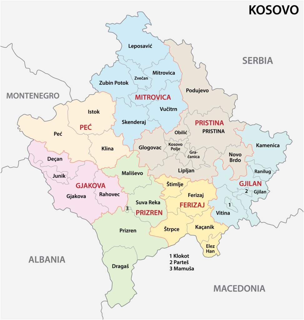 A political map of Kosovo showing administrative divisions with town and city names, and bordering countries labeled.