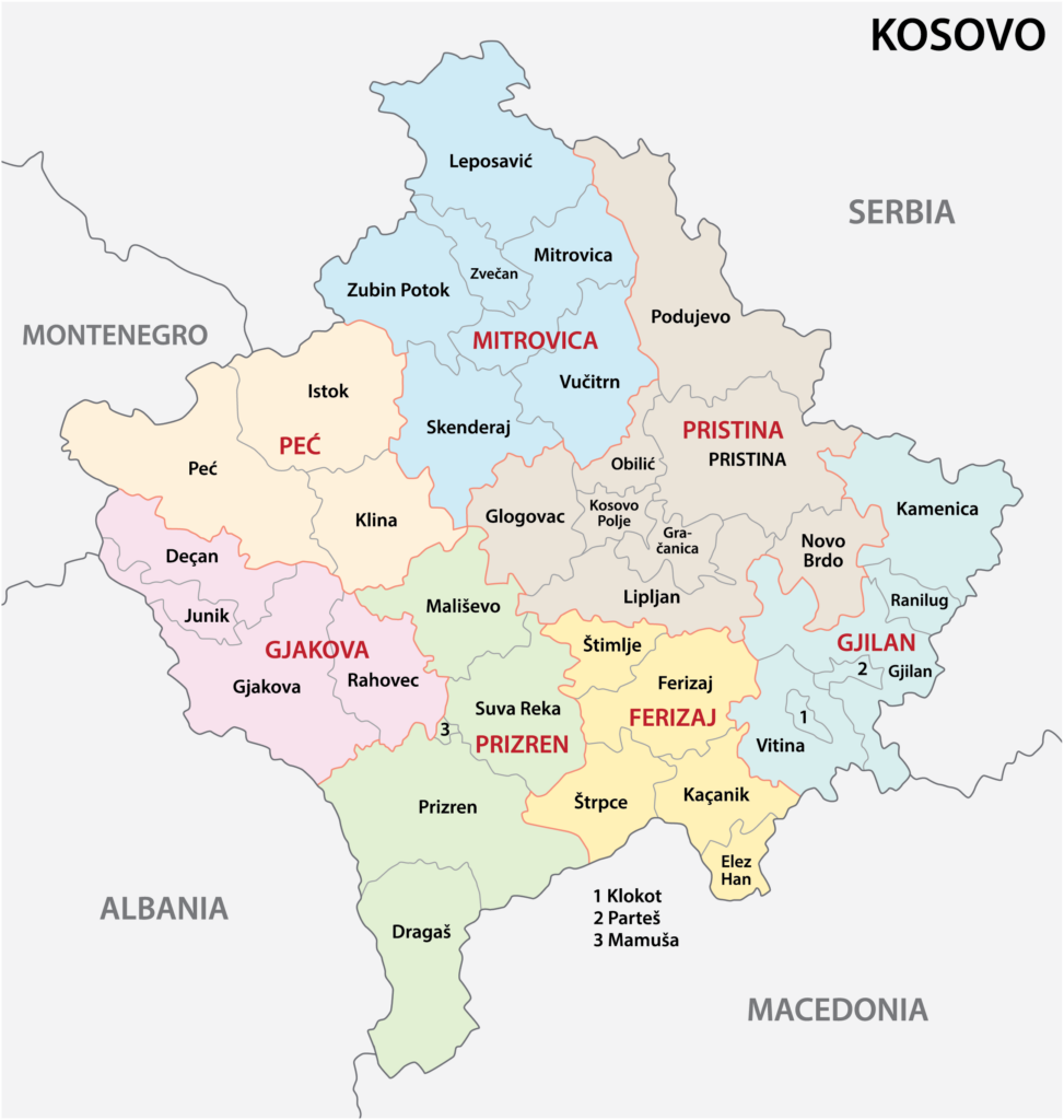 A  political map of Kosovo showing administrative divisions with town and city names, and bordering countries labeled.