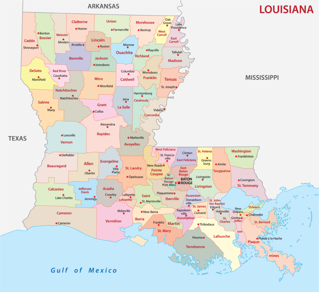 A color-coded map showing the counties of Louisiana with adjacent state borders and the Gulf of Mexico.