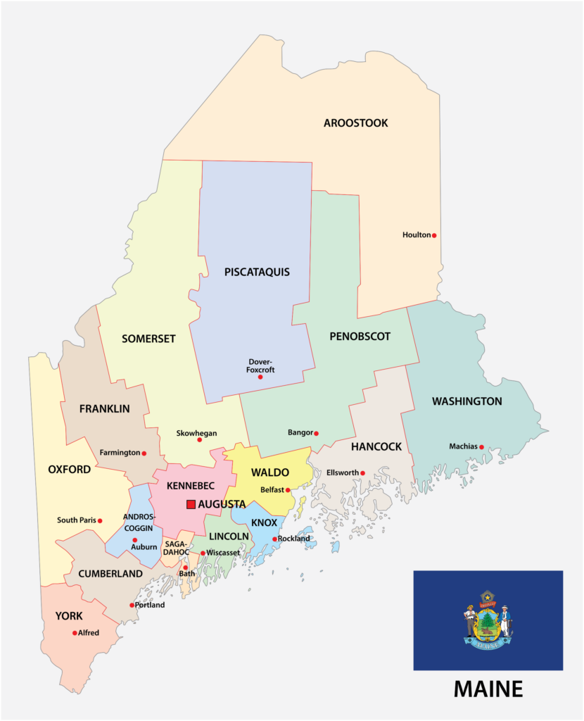 A color-coded map showing the counties of Maine with labels, a small inset at the bottom right corner displays the state seal of Maine.