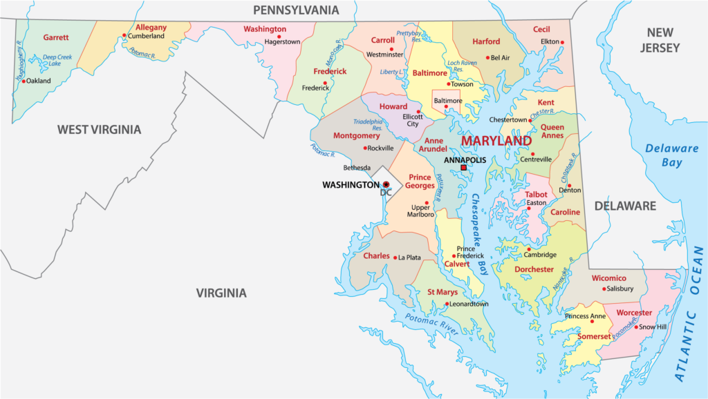 A colored map of Maryland's counties, labeled with names and outlining neighboring states and waters.