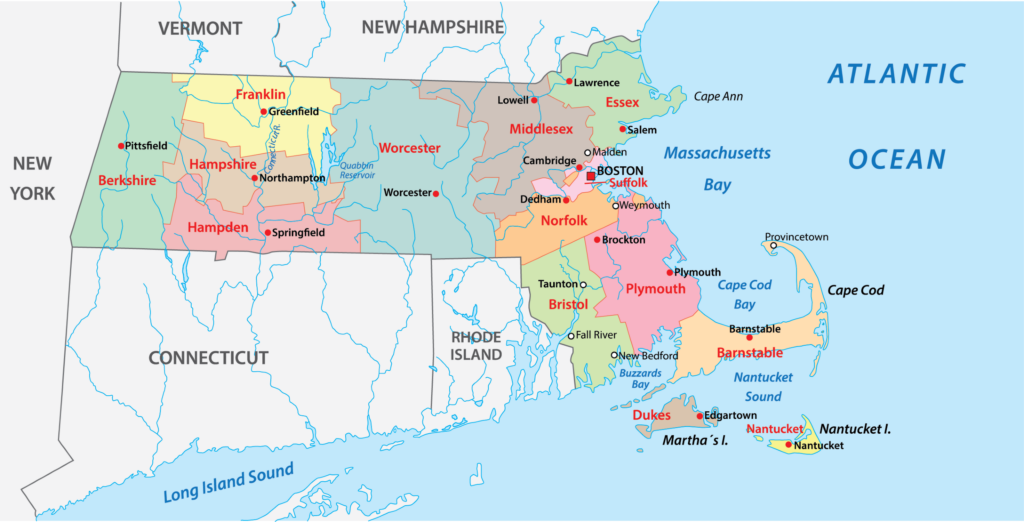 A labeled, color-coded map of Massachusetts' counties, surrounded by NY, VT, NH, CT, RI, and the Atlantic Ocean.