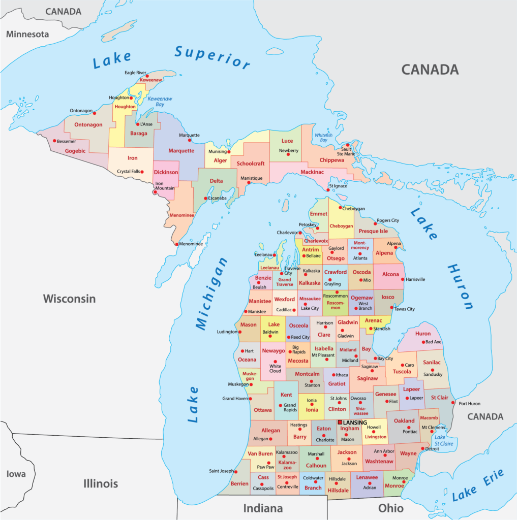 A map displays Michigan's counties, each with unique colors and names, and outlines the Great Lakes.