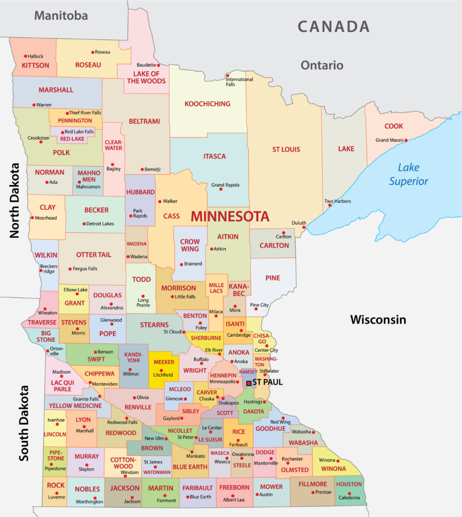 A color-coded map of Minnesota's counties, bordered by Canada and four US states.