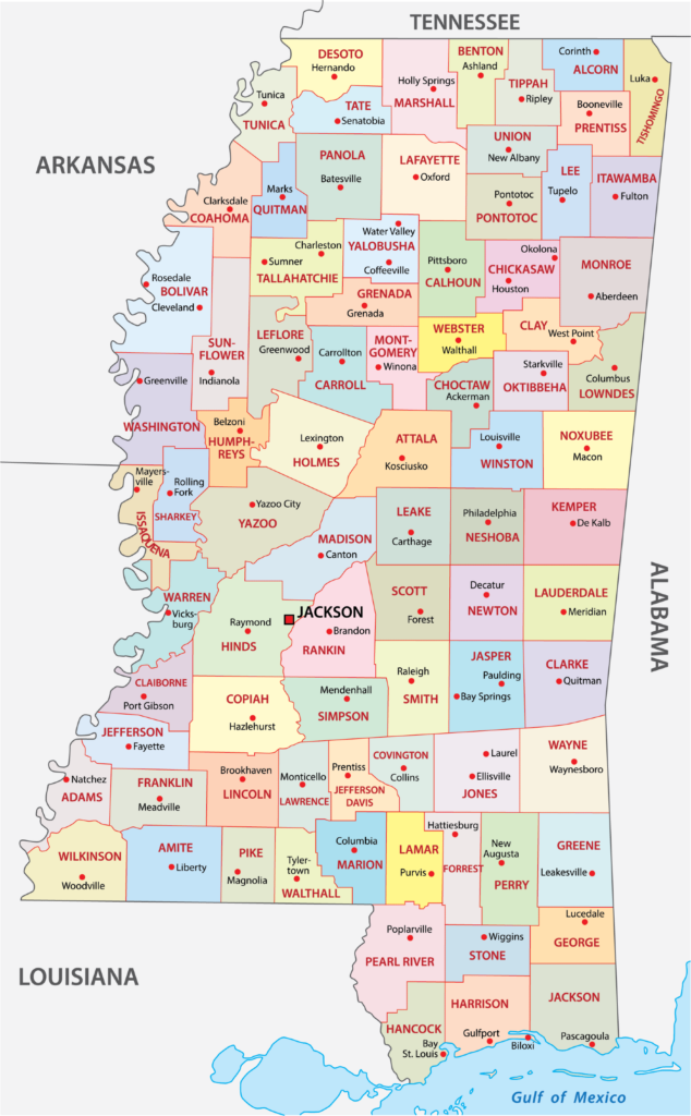 A color-coded map showing the counties of Mississippi with labels, bordered by Arkansas, Tennessee, Alabama, Louisiana, and the Gulf of Mexico.