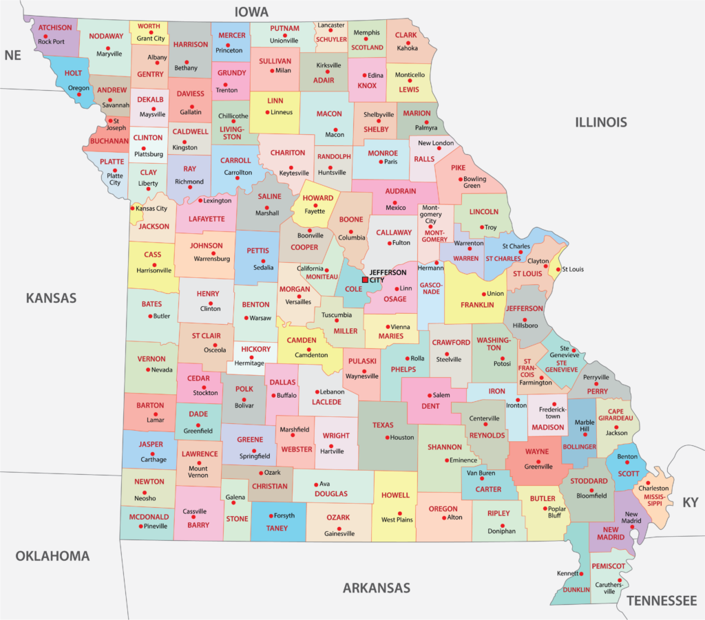 A color-coded map showing the counties of Missouri with state names labeled at the borders.