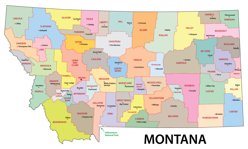 A color-coded map showing the counties of Montana with the state name "MONTANA" labeled at the bottom.