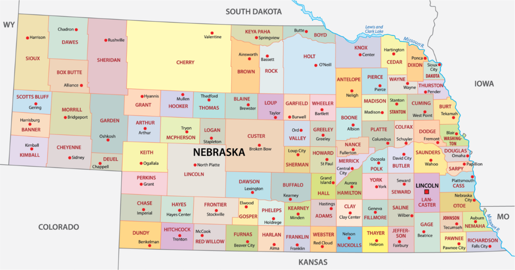 A map showing the counties of Nebraska, with each county colored differently and labeled with its name. The map also shows bordering states.