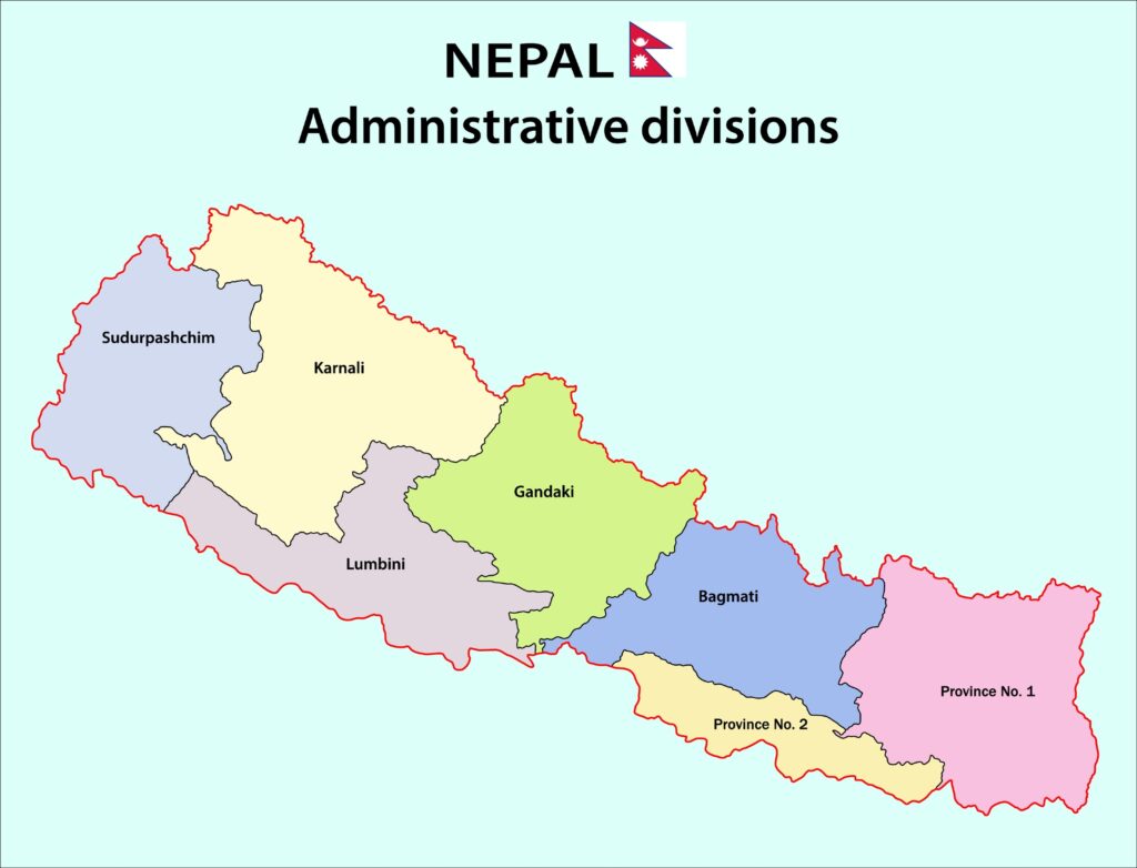 A  political map of Nepal showing various administrative districts with their names. The map uses different colors to distinguish the districts.