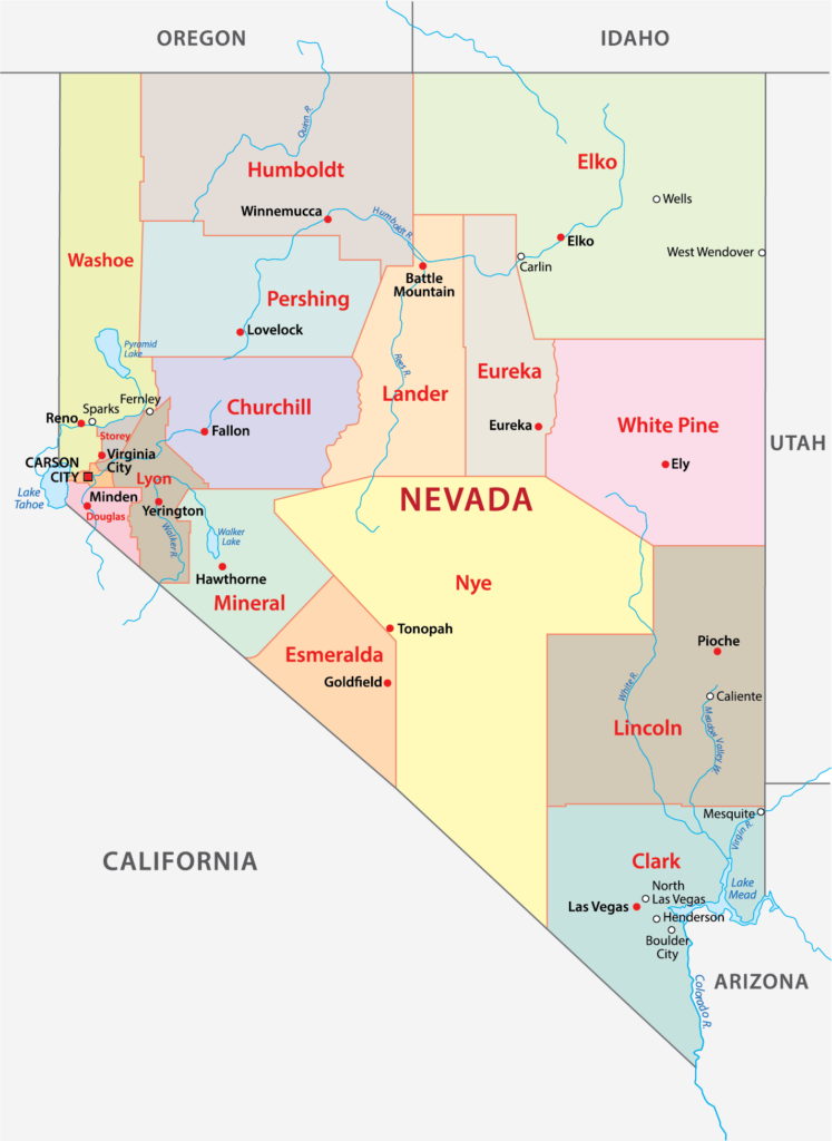 A color-coded map of Nevada County boundaries with adjacent state lines and county names labeled.