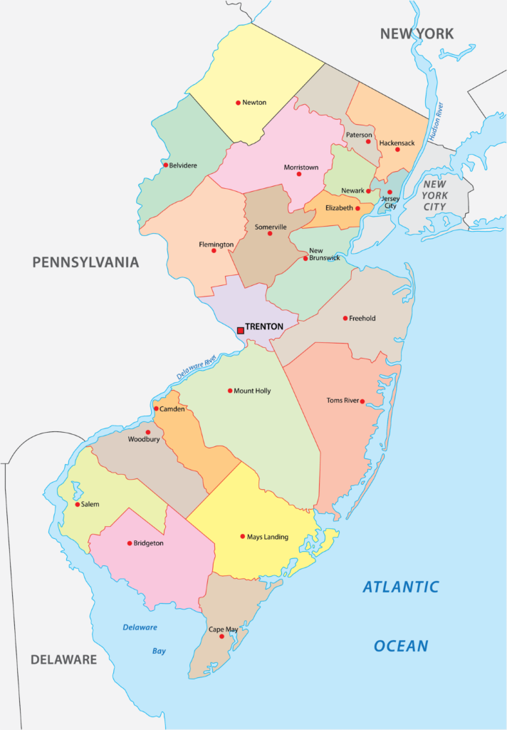 A map showing the counties of New Jersey with different colors for each county, bordered by New York, Pennsylvania, Delaware, and the Atlantic Ocean.