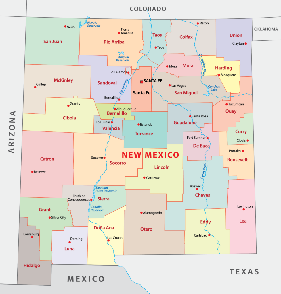 Colorful New Mexico counties map showing counties, main cities, rivers, and neighboring states.