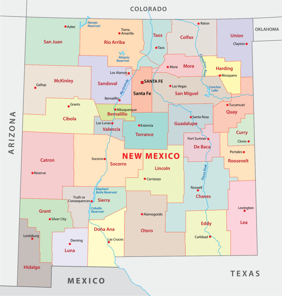 A color-coded map showing the counties of New Mexico with labels, bordered by Arizona, Colorado, Texas, and Mexico.