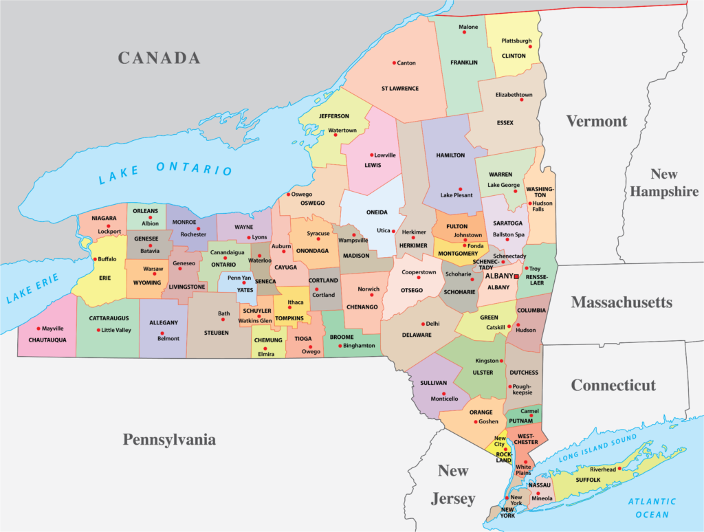 A color-coded map showing the counties of New York State with surrounding state and country borders, major water bodies, and a legend for reference.