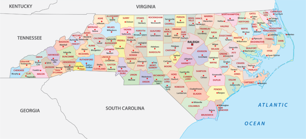 A map displays North Carolina's counties, each uniquely colored and named, along with state borders and the Atlantic Ocean.