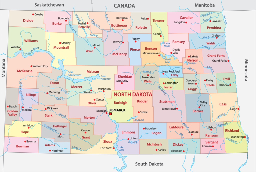 A color-coded map showing the counties of North Dakota with labels for each county, adjacent state and country borders, and major water bodies.