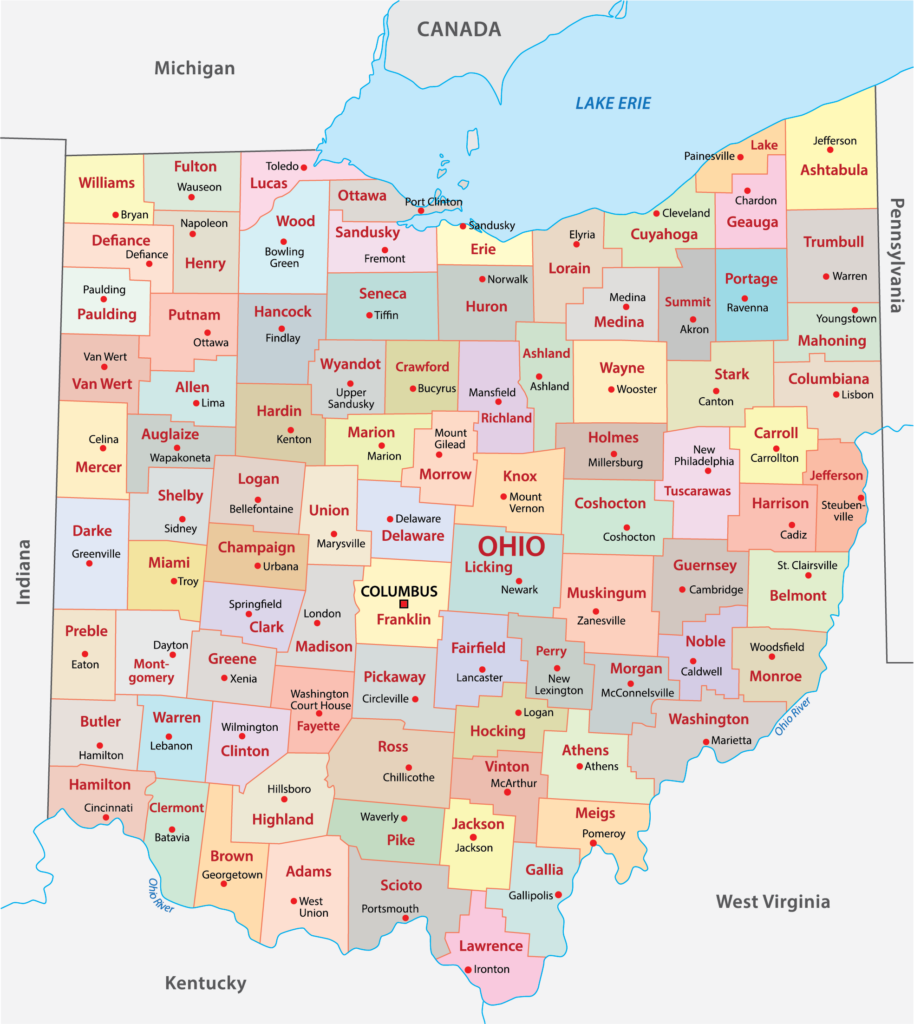 A map displays Ohio's counties, each with a unique color and name, along with neighboring states and Lake Erie.