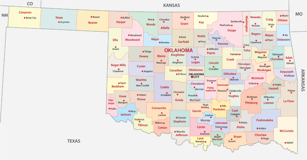 A map displays Oklahoma's counties, each with unique colors and names, along with bordering states.