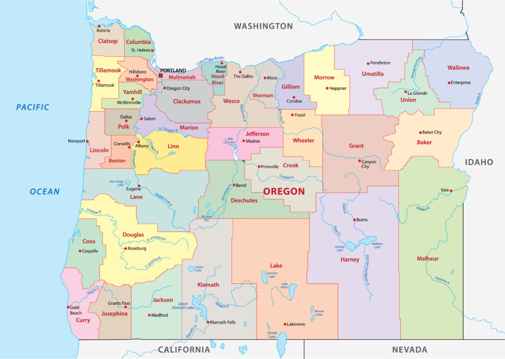 A color-coded map of Oregon's counties, including neighboring states and the Pacific Ocean.