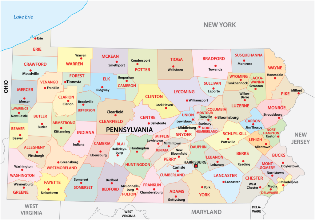 A color-coded map showing the counties of Pennsylvania with labels for each county, adjacent state names, and major water bodies.