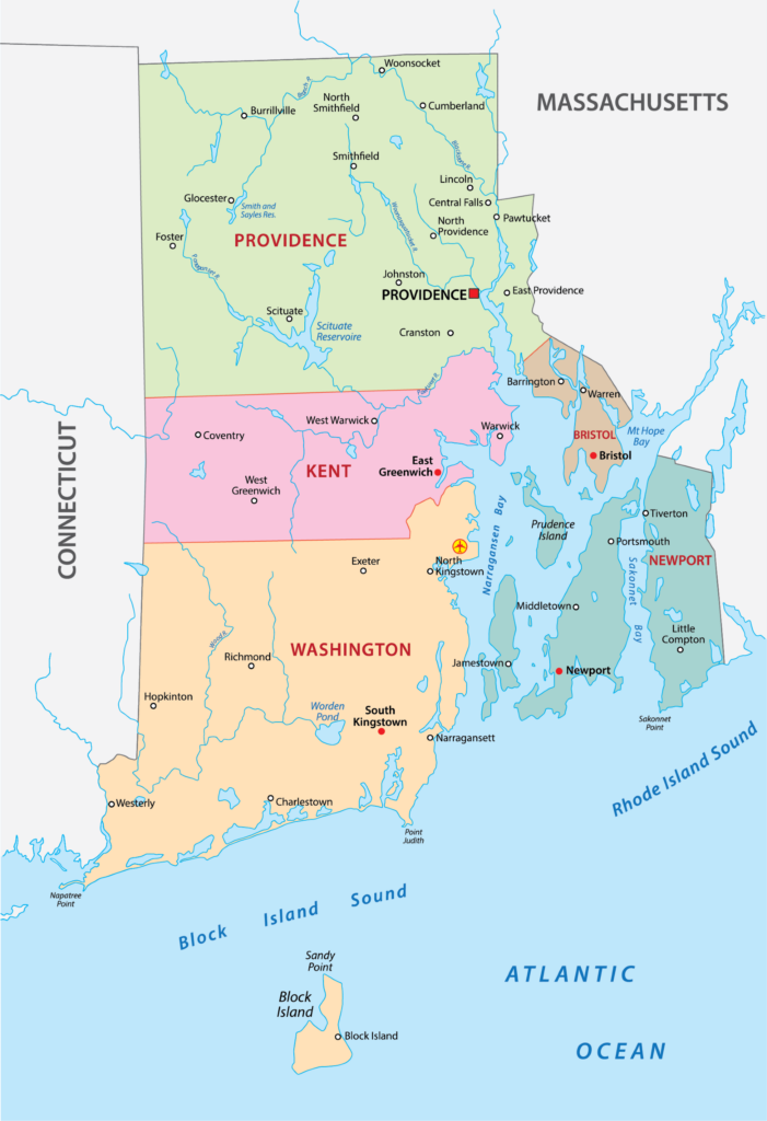 A map showing the counties of Rhode Island with color coding, adjacent to Massachusetts and Connecticut, with the Atlantic Ocean to the south.