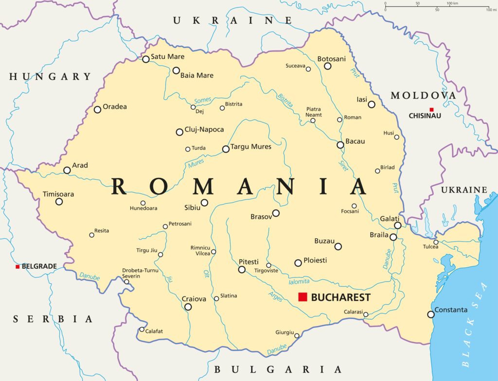 A political map of Romania showing major cities, borders with neighboring countries, and highlighting the capital city, Bucharest.