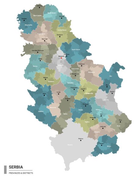 A low-resolution map showing the subdivisions and administrative districts of Serbia, with each region color-coded differently.