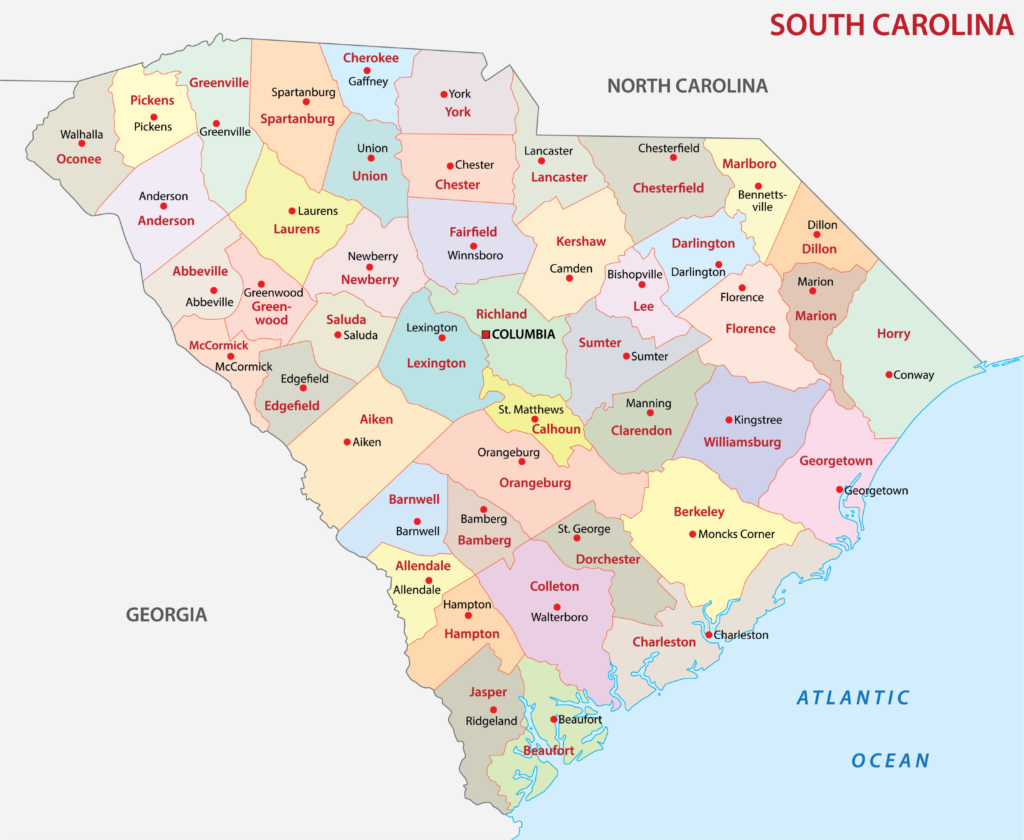 A color-coded map displays South Carolina's counties, bordered by North Carolina, Georgia, and the Atlantic Ocean.