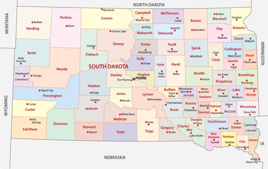 A map displays South Dakota's counties in different colors, with county names and neighboring state borders.