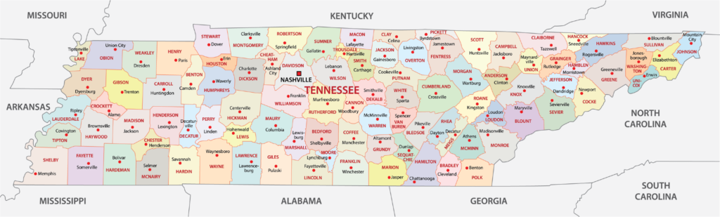 A labeled, color-coded map of Tennessee's counties, surrounded by eight bordering states.