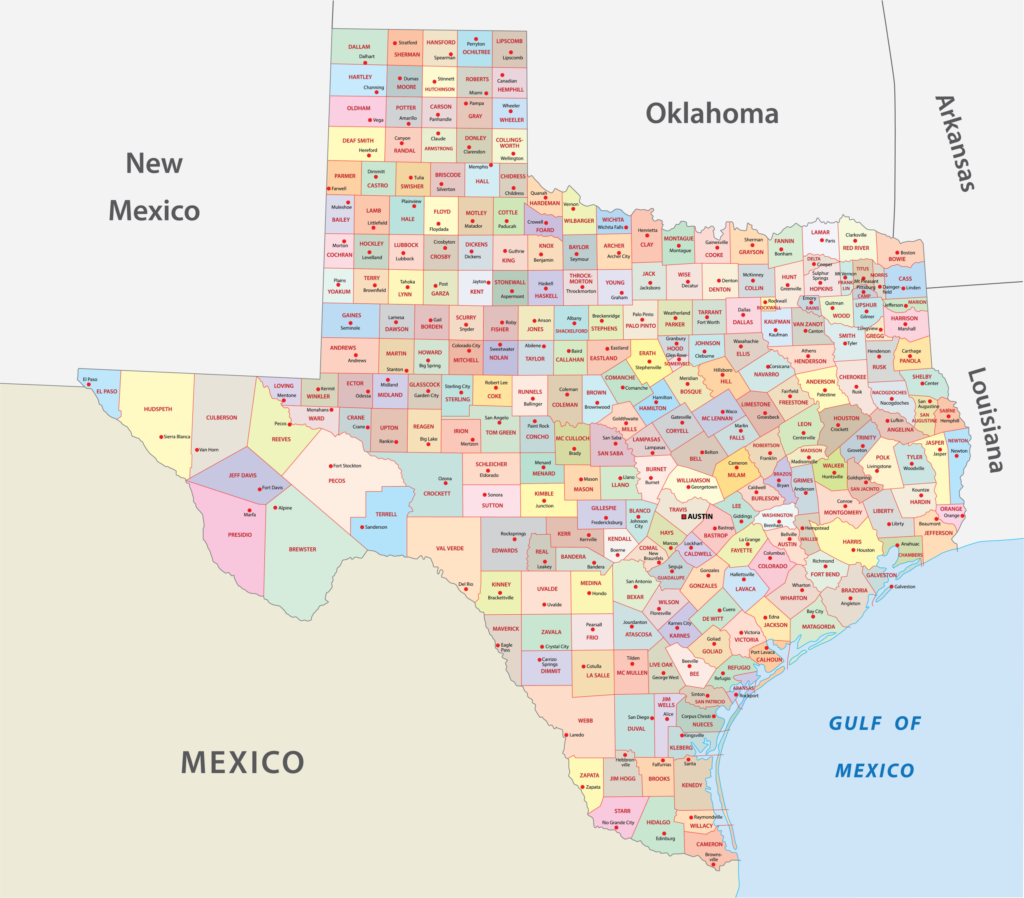 A low-res map displays Texas counties in different colors, with borders for New Mexico, Oklahoma, Louisiana, and the Gulf of Mexico.