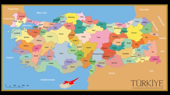 A vibrant map of Turkey's provinces, each in a unique color and labeled in Turkish, with a key and "TΓRKΔ°YE" at the bottom.