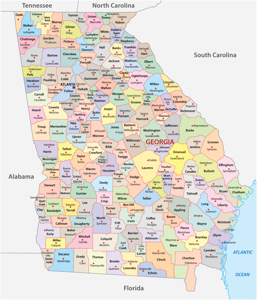 A color-coded map showing the counties of the U.S. state of Georgia, with surrounding state borders and the Atlantic Ocean labeled.