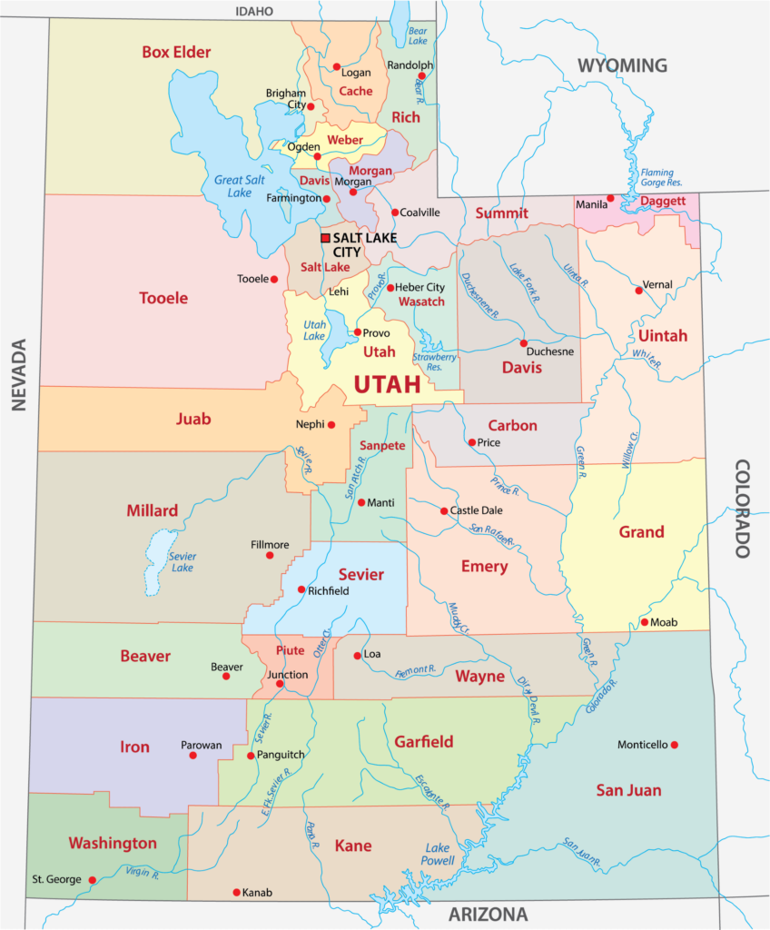 A map showing the counties of Utah with different colors for each county, bordered by the states of Nevada, Idaho, Wyoming, Colorado, and Arizona.