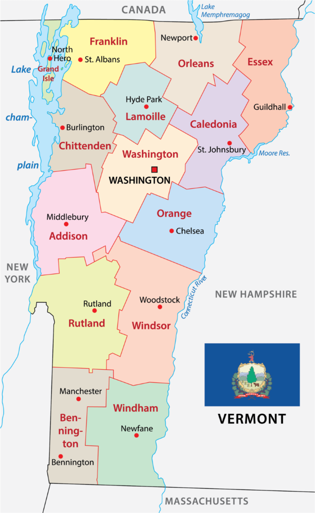 A color-coded map of Vermont's counties, with each county labeled with its name, adjacent to state borders and Canada.