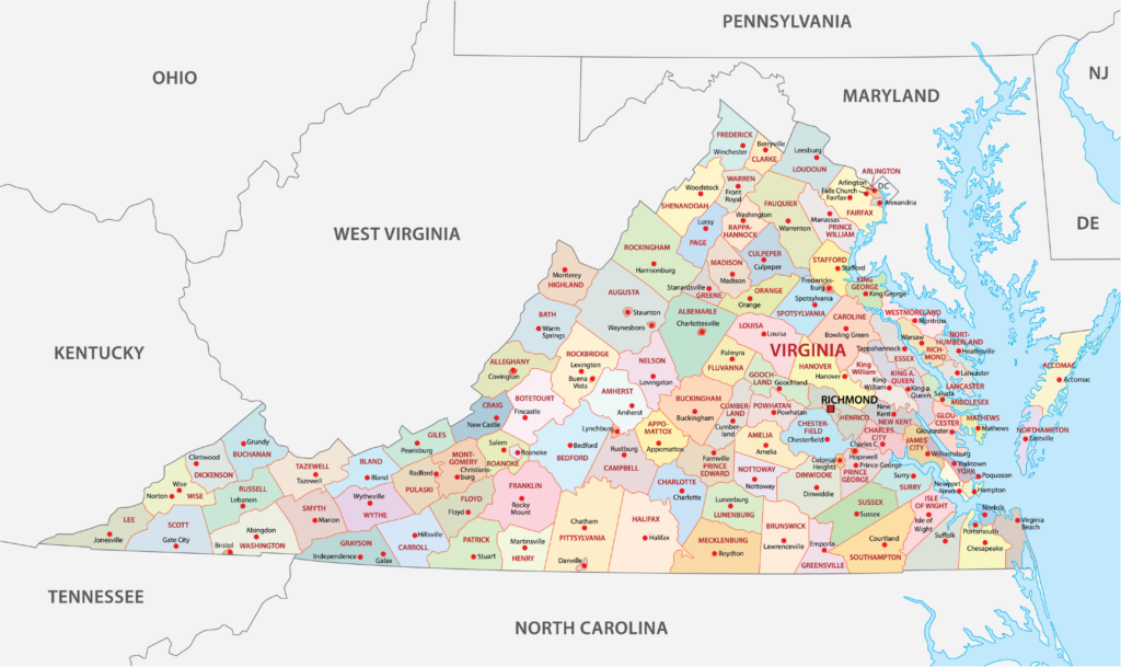 A color-coded map showing the counties of Virginia with state borders and neighboring states labeled.