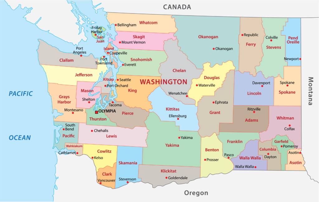 A colored map of Washington state's counties, bordered by the Pacific Ocean, Canada, and Oregon.