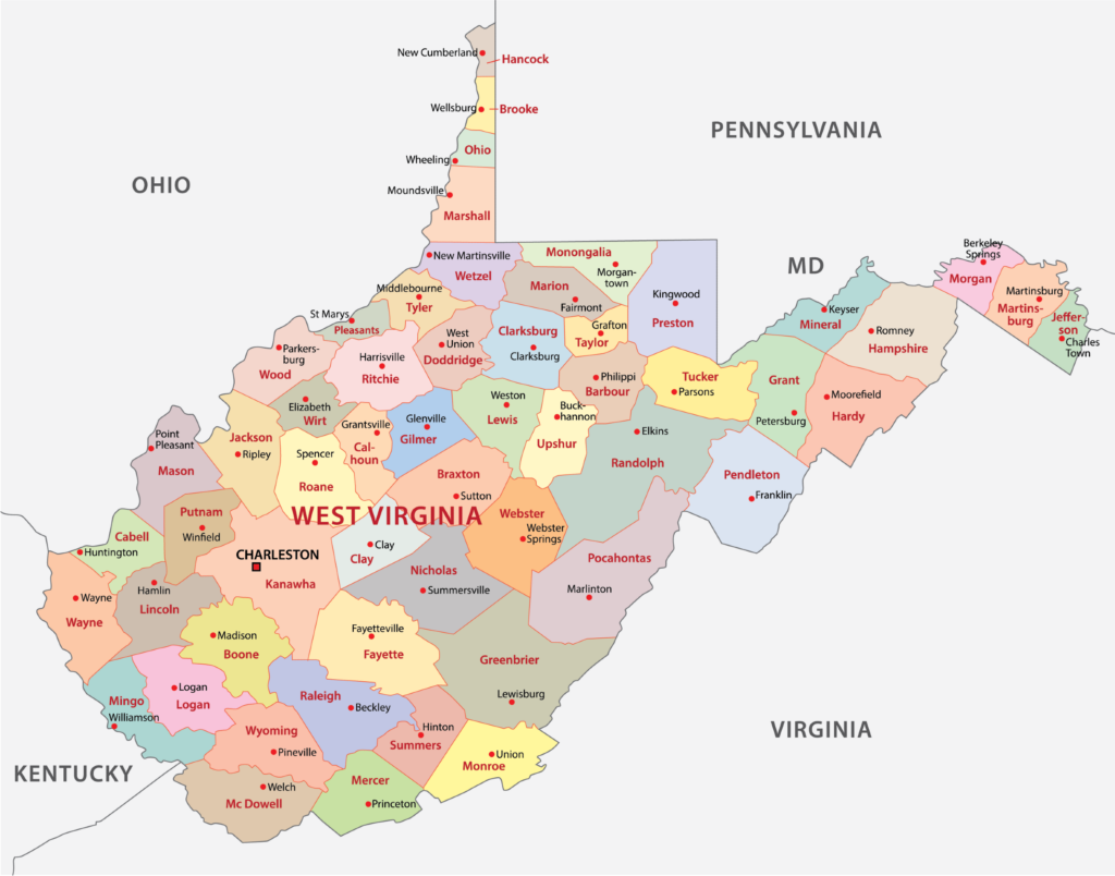 A map showing the counties of West Virginia with color-coded boundaries, adjacent state names, and major cities marked.