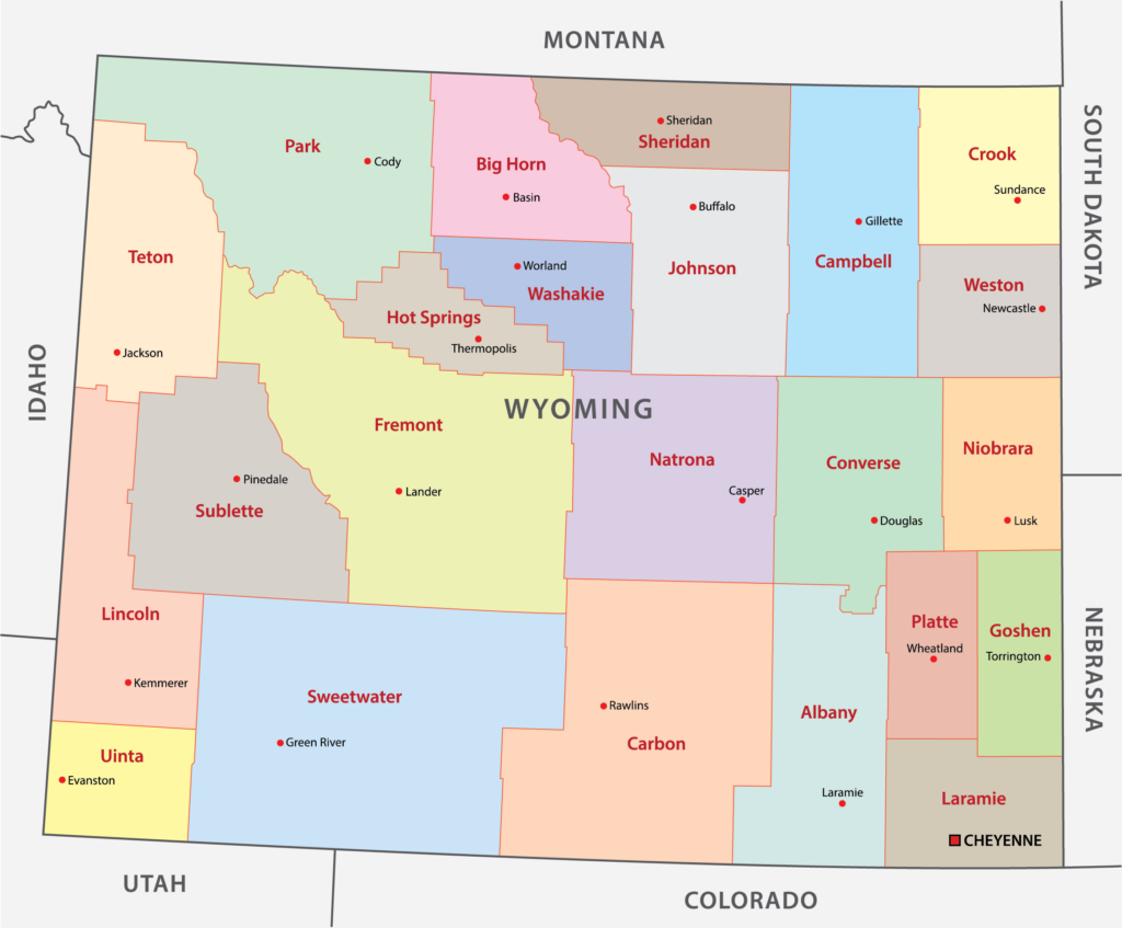 A color-coded map showing the counties of Wyoming, with each county labeled and the surrounding states identified.