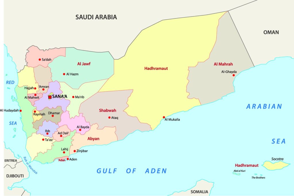 A map of Yemen displays regions in various colors, bordered by Saudi Arabia, Oman, and adjacent to Arabian Sea and Gulf of Aden.